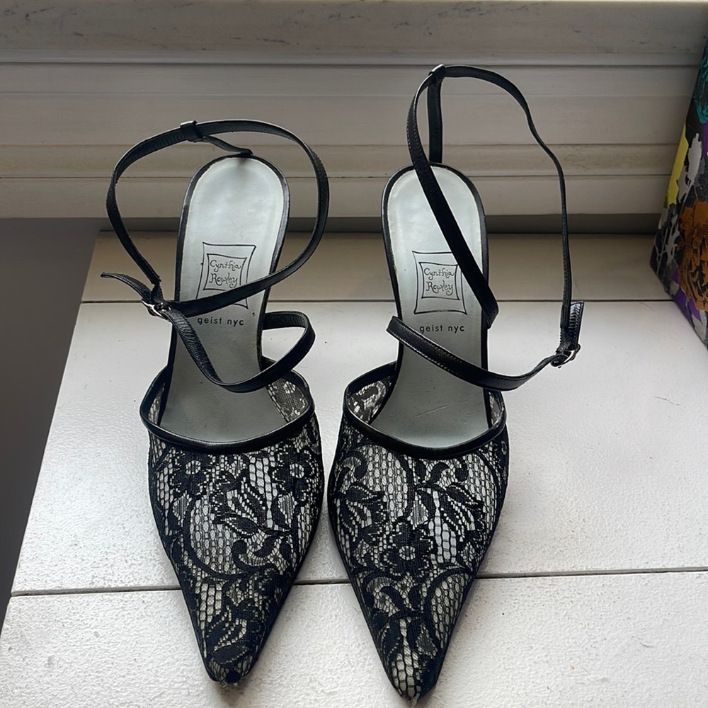 Cynthia Rowley Formal black leather and lace pointed toe 3-4 inch heel